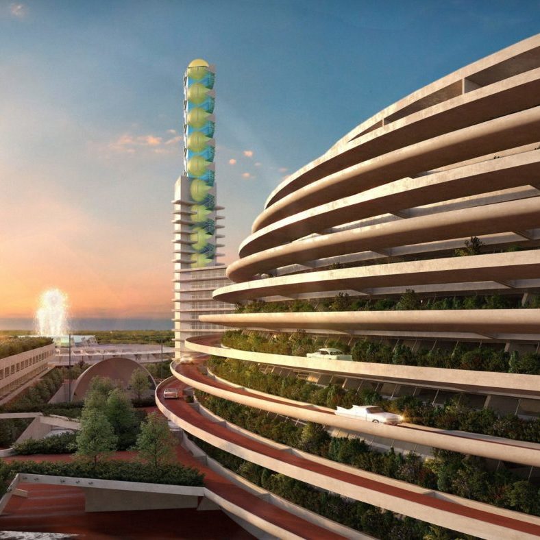 Animation Still - Civic Center at Point Park Skyline Ink Animators + Illustrators, designers. Project for Civic Center at Point Park for the Allegheny Conference, 1947, digital illustration, 2021. This image was prepared with material kindly made available by the Frank Lloyd Wright Foundation. Courtesy of Western Pennsylvania Conservancy. All rights reserved.