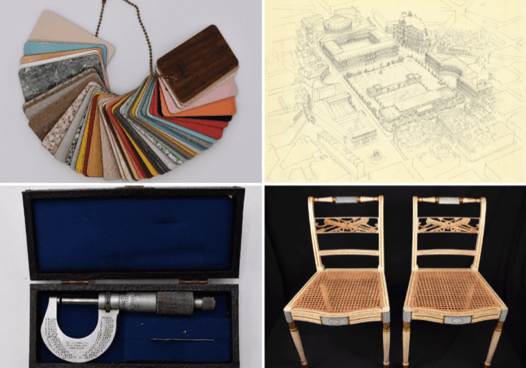 Paint tiles; architectural drawing; box with hinge; side chairs