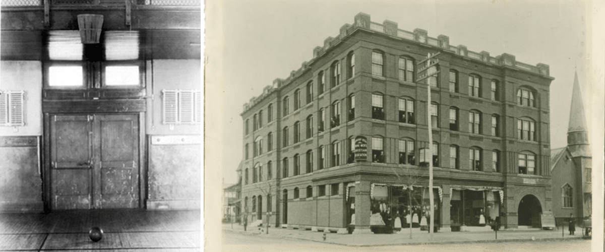 Black and white photographs of early basketball courts, circa 1891.