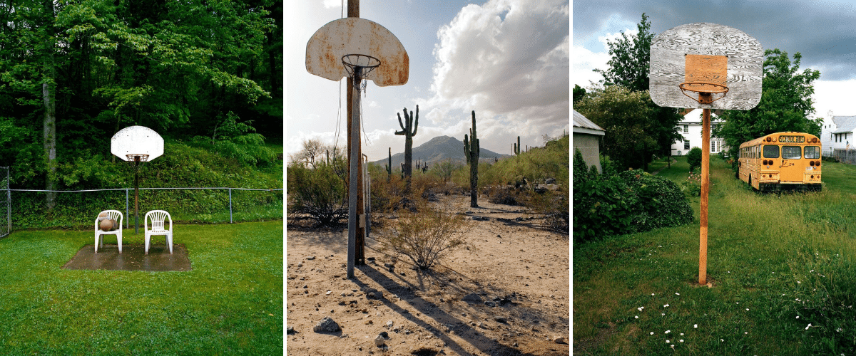 Basketball hoops in backyards and natural settings.